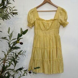 MINE Yellow Puff Sleeve Tiered Mini Dress – Women’s Size M